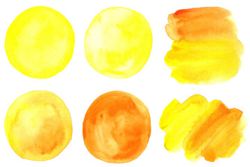 Yellow watercolor hand painted round shapes isolated on white. Perfect for card, banner, template, decoration, print, cover, web, element design.