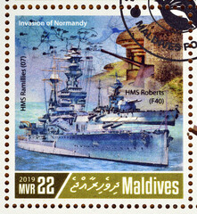 Cancelled postage stamp printed by Maldives, that shows HMS Roberts and HMS Ramillies, 75th...
