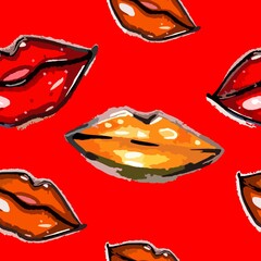 A pattern of lips drawn with a marker with red, beige and orange lipstick. The background is black, red,white,brown. Print on fabric, website.