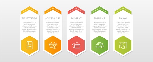 Concept of shopping process with 5 successive steps. Five colorful graphic elements. Timeline design for brochure, presentation, web site. Infographic design layout.