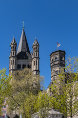Obraz premium The Great Saint Martin Church (Gross Sankt Martin) foundations (circa 960 AD) rest on remnants of a Roman chapel. The church was later transformed into a Benedictine monastery. Cologne, Germany.