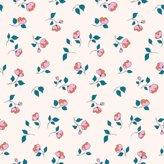Seamless floral pattern, cute ditsy print with small sparse flowers on a white field. Pretty botanical background with hand drawn flowers and leaves on tiny twigs. Vector illustration.