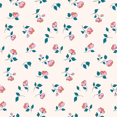 Seamless floral pattern, cute ditsy print with small sparse flowers on a white field. Pretty botanical background with hand drawn flowers and leaves on tiny twigs. Vector illustration.