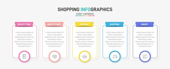Concept of shopping process with 5 successive steps. Five colorful graphic elements. Timeline design for brochure, presentation, web site. Infographic design layout.