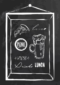 illustration poster for cafe menu or decoration for kitchen, fastfood and drinks by chalk isolated on blackboard. Handwritten words. Frame with yummy food elements. Chalkboard with drawings.