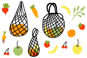 Vector eco hand bags set. Beige mesh bag. Hand drawn doodle eco bags. Zero waste eco set. Fruits and vegetables.