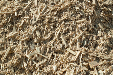 a product of wood processing, in the photo mountains of wood chips and sawdust against a blue sky