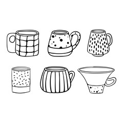 Collection of different modern cups decorated with design elements vector line art style illustration. Set of colored mugs. Vintage cups isolated on white background