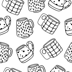 Seamless pattern with different modern cups decorated with design elements vector line art style illustration. Set of colored mugs. Vintage cups isolated on white background