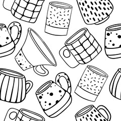 Seamless pattern with different modern cups decorated with design elements vector line art style illustration. Set of colored mugs. Vintage cups isolated on white background