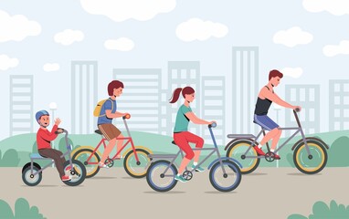 Happy family riding bike, bicycle in city park. Joyful mother, father, daughter, son on nature. Parents and kids cycling, spend time together. Flat vector cartoon illustration isolated on white 