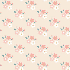 sweet cute seamless repeat romantic boho flowers pattern in light pink beige colours 