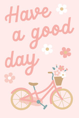 sweet cute seamless repeat romantic boho bicycle with basket of flowers postcard card artwork print in light pink beige colours. have a good day
