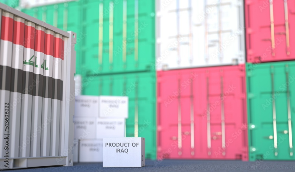 Poster box with product of iraq text and cargo containers. 3d rendering
