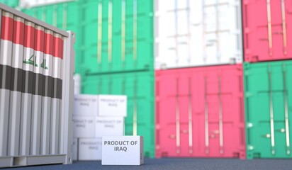 Box with PRODUCT OF IRAQ text and cargo containers. 3D rendering