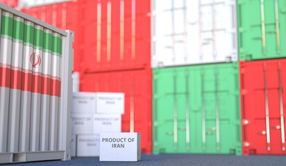 Box with PRODUCT OF IRAN text and cargo containers. 3D rendering