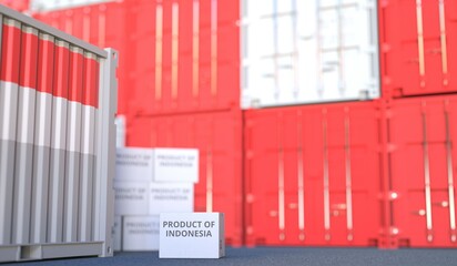 PRODUCT OF INDONESIA text on the cardboard box and cargo terminal full of containers. 3D rendering