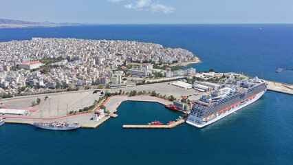 Fototapeta premium Aerial drone panoramic photo of busy port of Piraeus, the largest in Greece and one of the largest passenger ports in Europe, Attica, Greece 