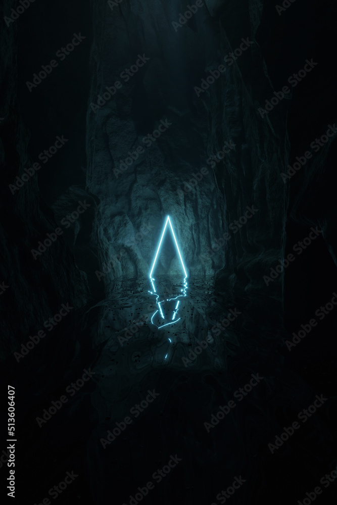 Poster 3d rendering of abstract cyan lighten triangle shape surrounded by high cliffs