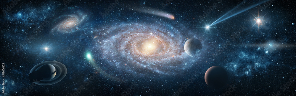 Wall mural view from space to the galaxies, stars, comet, asteroid, meteorite, nebula, saturn. cosmic panorama 
