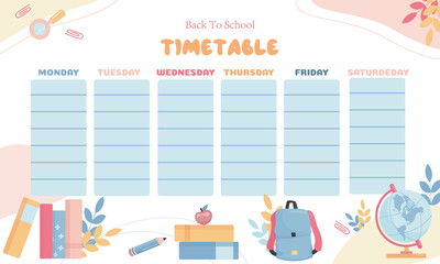 Timetable template for elementary school. Weekly planner template with school items.