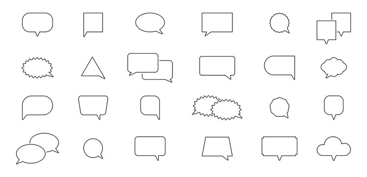 Speech balloon icons set. Speak line art text box. Talk chat cloud. Dialog bubble. Round graphic sticker. Think label. Communication empty banner. Message circle tag. Price sign. Vector illustration