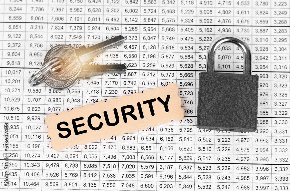 Poster against the background of a table with reports, a lock, keys and a sign with the inscription - secur