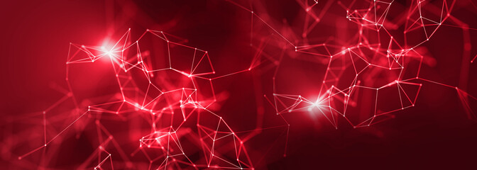 Digital plexus background or network of red glowing lines and dots. Futuristic abstract background.