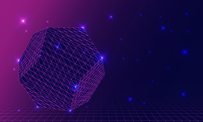 Virtual space with pentagon and stars in the background. Vector wire landscape, futuristic space. Vector illustration.