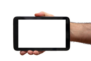 Man hand holding tablet with empty screen on white background isolated