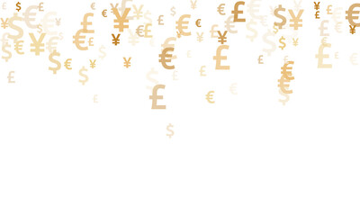 Euro dollar pound yen gold icons flying money vector illustration. Sale backdrop. Currency