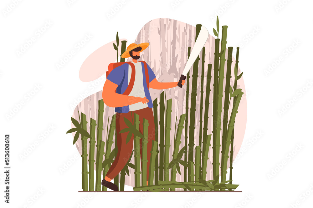 Poster travelling web concept in flat design. man with backpack goes on trip walking with machete in bamboo