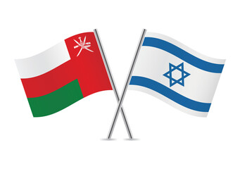 Oman and Israel crossed flags. Omani and Israeli flags on white background. Vector icon set. Vector illustration.