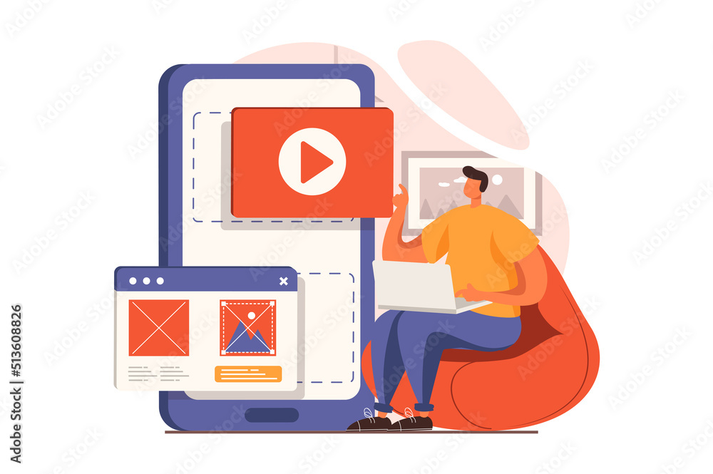 Leinwandbilder Ui and ux designers web concept in flat design. Man places menu buttons and interface elements for smartphone applications screen, creates and optimizes layout. Vector illustration with people scene
