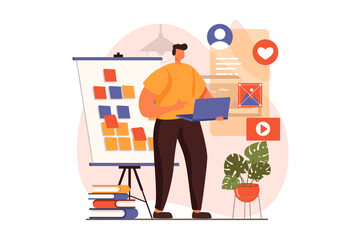 Ui and ux designers web concept in flat design. Man creating, testing and optimizing interface layout for smartphone apps, working on tasks on laptop in office. Vector illustration with people scene