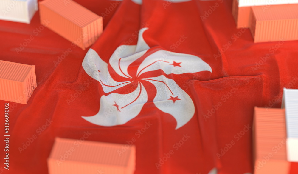 Aufkleber national flag of hong kong and cargo containers. import or export related 3d rendering