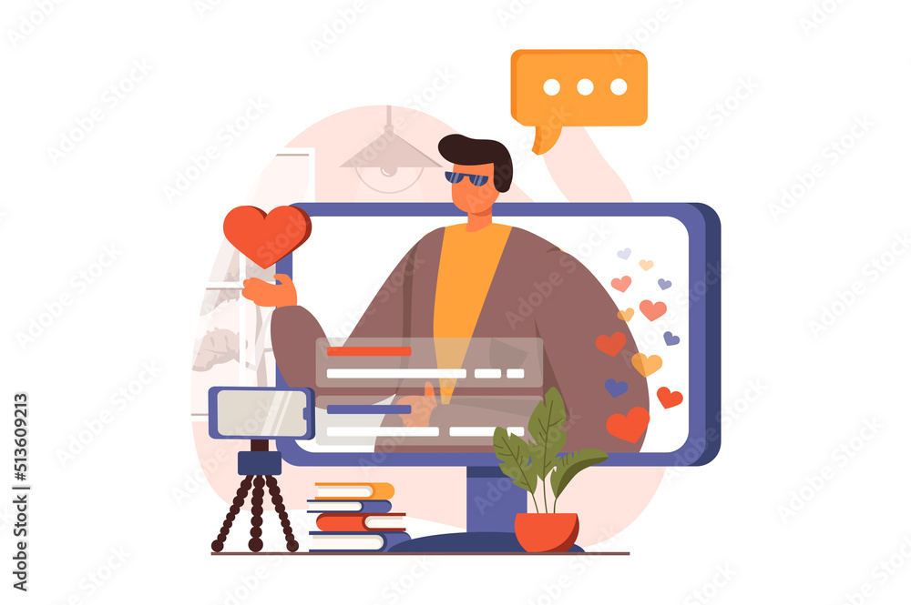 Aufkleber video streaming web concept in flat design. man making live stream using smartphone camera. follower
