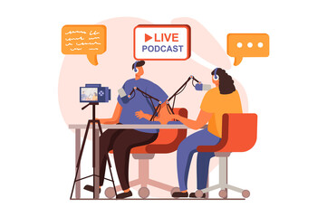 Video streaming web concept in flat design. Man and woman doing live podcast stream and recording video content on camera in studio. Blogging and social networks. Vector illustration with people scene