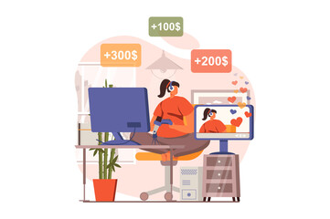 Video streaming web concept in flat design. Woman makes live stream, gaming, communicates with followers and receives donations. Blogging and social networks. Vector illustration with people scene