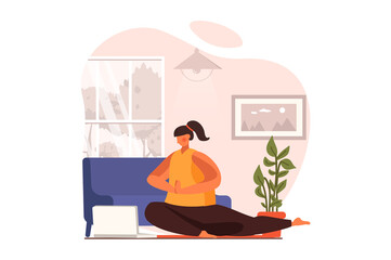 Yoga web concept in flat design. Woman practices yoga asanas with video lessons. Female athlete making exercises with online trainer at home. Healthy lifestyle. Vector illustration with people scene