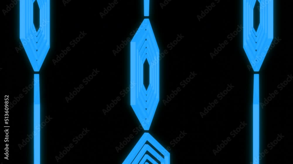 Poster abstract three vertical rows of blue hexagon silhouettes moving on a black background. design. geome