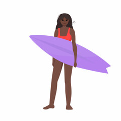 Female in swimwear holding surfboard. Happy female enjoy outdoor activity lifestyle extreme sports surfing on summer vacation.