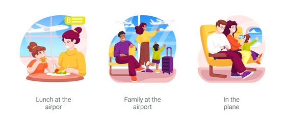 Family at the airport isolated cartoon vector illustration set
