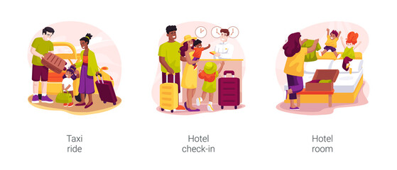 Hotel check-in isolated cartoon vector illustration set