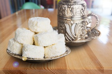 Traditional Turkish delight with Turkish tea. Ramadan Kareem celebration concept. National dishes.