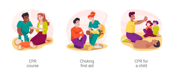 CPR course for parents isolated cartoon vector illustration set
