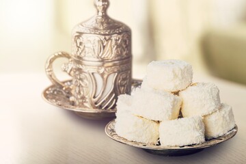 Traditional Turkish delight with Turkish tea. Ramadan Kareem celebration concept. National dishes.