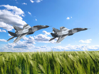 3d render two military planes gaining height war in ukraine sunny sky
