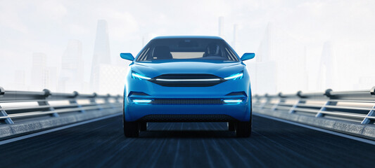 Front view of modern blue SUV car on the road in motion and city skyline on the background. Professional 3d rendering of own designed generic non existing car model.