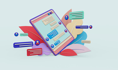 3D rendering. Social media Instagram digital marketing concept, gadgets with icons on leaves background